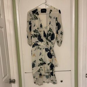 NICHOLAS Silk Wrap Floral Midi Dress - White and Blue